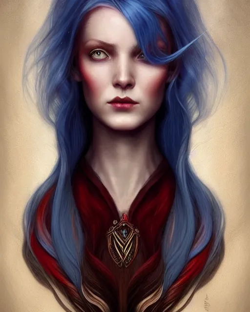 Prompt: a detailed matte oil on canvas head on symmetrical portrait of a distinguished elven woman with red blue hair by charlie bowater, lise deharme, wlop, trending on artstationhd, dungeons and dragons art critical role,!! half and half hair dye!!,! split hair dye!,! two tone hair! dye