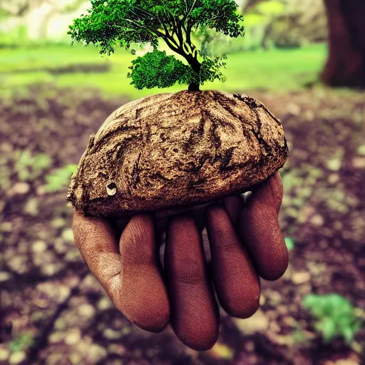 Image similar to A handpalm with a tree growing on top of it