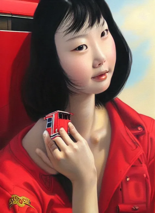 Prompt: a portrait of a korean woman merged with a fire truck, art by boris vallejo and greg danton and denys tsiperko, detailed, hyperrealism, artstation