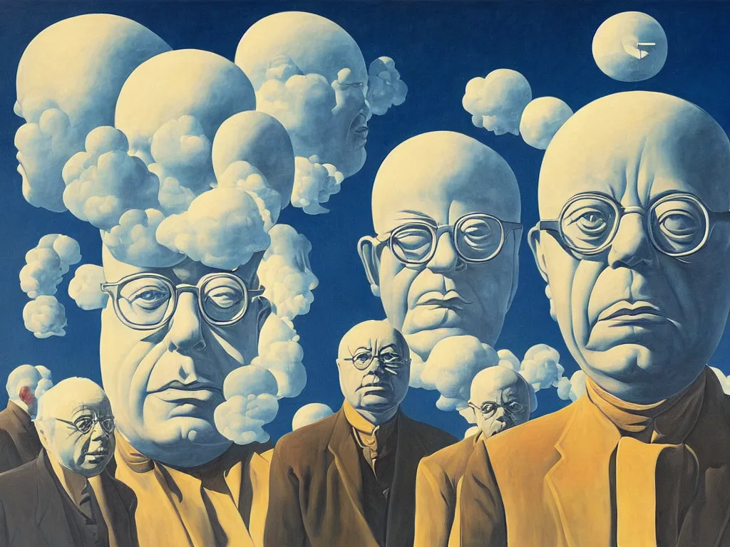 Prompt: the giant head of stanislaw lem is hovering above the futurological congress, painted by james jean and rene magritte