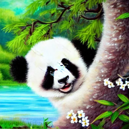 Prompt: cute fluffy happy baby panda cub playing in spring landscape with lake and flowering trees detailed painting 4k