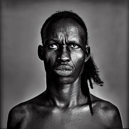 Prompt: black and white photo, portrait of rwandan soldier looking angry by richard avedon, realistic, Leica, medium format, cinematic lighting, parallax, high resolution,