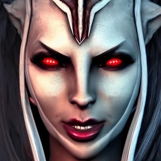 Prompt: the elder scrolls, female dunmer, dark elf, red eyes, nwah, morrowind, landscape, detailed face, high quality, photorealistic, 8 k