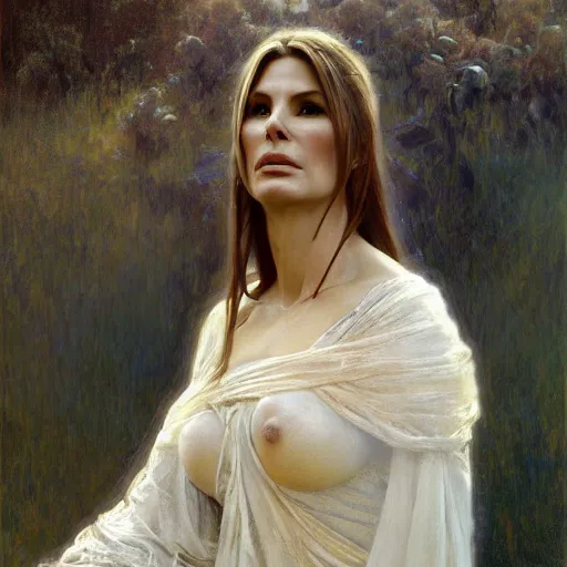 Image similar to hyperrealist portrait of sandra bullock as lady godiva. by jeremy mann and alphonse mucha, fantasy art, photo realistic, dynamic lighting, artstation, poster, volumetric lighting, very detailed faces, 4 k, award winning