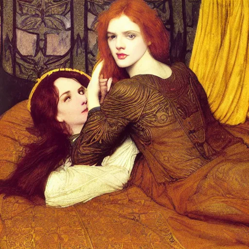 Prompt: preraphaelite photography reclining on bed, a hybrid of judy garland and amy macdonald, aged 2 5, big brown fringe, yellow ochre ornate medieval dress, john william waterhouse, kilian eng, rosetti, john everett millais, william holman hunt, william morris, 4 k