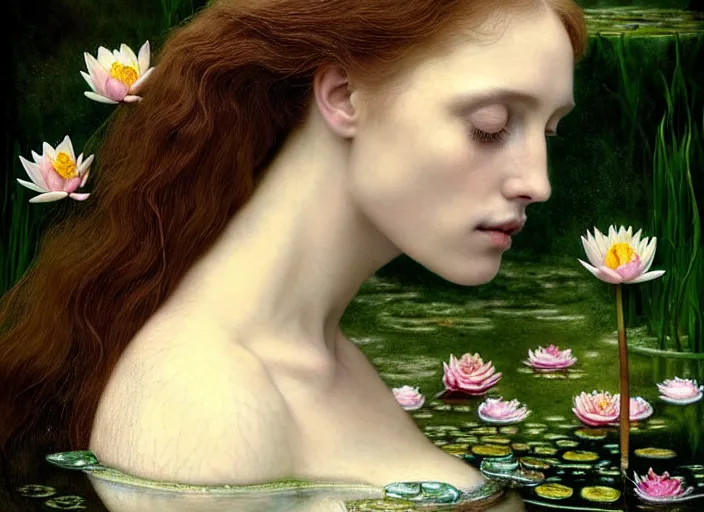 Image similar to portrait photo of a beautiful woman how pre-Raphaelites neauty type in style of Paolo Roversi, natural color skin, the face emerges from the water of a pond with water lilies, half face and hair are immersed in water, a beautiful lace dress and hair are intricate with highly detailed realistic beautiful flowers , Realistic, Refined, Highly Detailed, natural outdoor soft rose colors scheme, blur background, outdoor fine art photography, Hyper realistic, photo realistic 8K, soft light, volumetric lighting, highly detailed, britt marling style 3/4