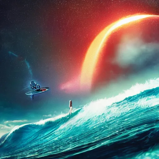 Image similar to photo of a alien surfing a surfboard on a crashing l wave of alien ocean in space, background is an alien galaxy, aliens in the background, alien colors, octane render, unreal engine, wide view, 8 k, high detaild