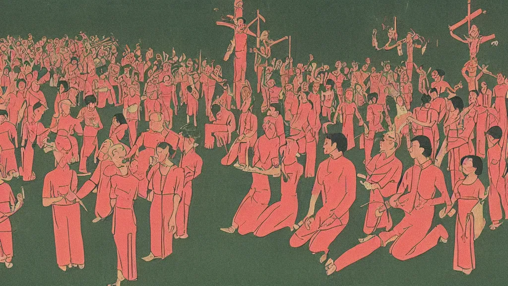 Prompt: A vintage scientific illustration from the 1970s of cult sacrifice at the mid summer festival by Wes Anderson