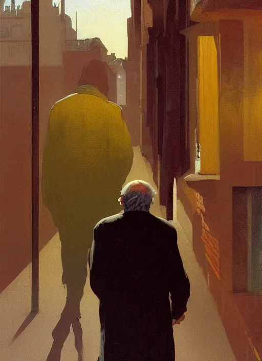 Prompt: painting of a old man walking through the streets of ruined london city 1 9 8 4 edward hopper and james gilleard zdzisław beksinski in the style of francis bacon, surreal, norman rockwell and malcolm liepke james jean, greg hildebrandt, and mark brooks, triadic color scheme, by greg rutkowski, in the style of syd mead