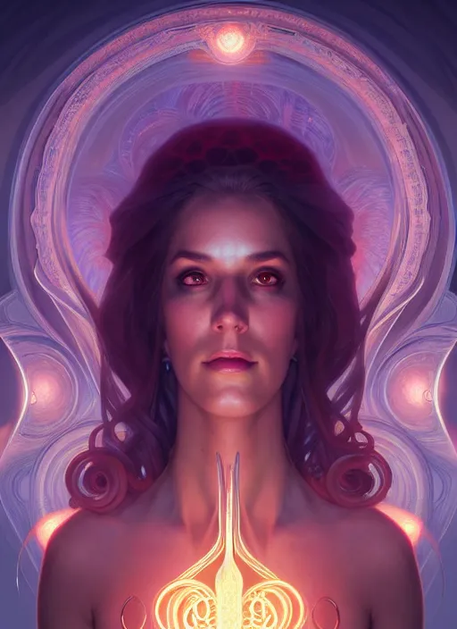 Image similar to symmetry portrait of ursula, octopus, glowing lights, intricate, elegant, highly detailed, digital painting, artstation, concept art, smooth, sharp focus, illustration, art by artgerm and greg rutkowski and alphonse mucha