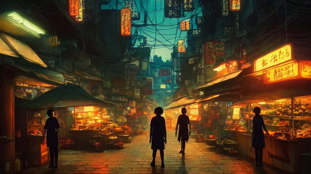Prompt: twilight lighting, moody, atmospheric, solarpunk, taho vendor, in davao city, by ghibli studio and victor ngai, ghost in the shell, akira, pixar highly detailed, 8 k