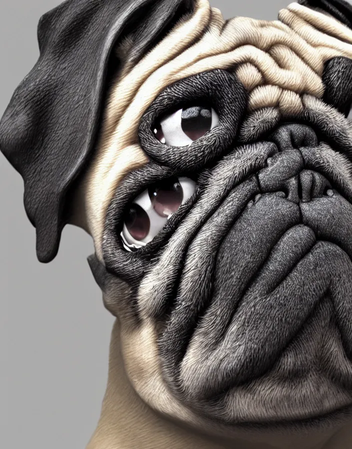 Image similar to a pug face mixed with Boris the animal mask, intricate artwork by artstation. octane render, cinematic, hyper realism, 8k, depth of field.