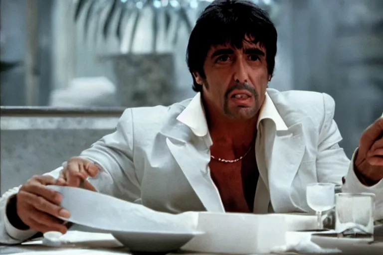 Prompt: tony montana from movie scarface 1 9 8 3 sitting at a table with package of cocaine. al pacino. perfect symmetric face, coherent eyes, fine details, 4 k, ron cobb, cinestill