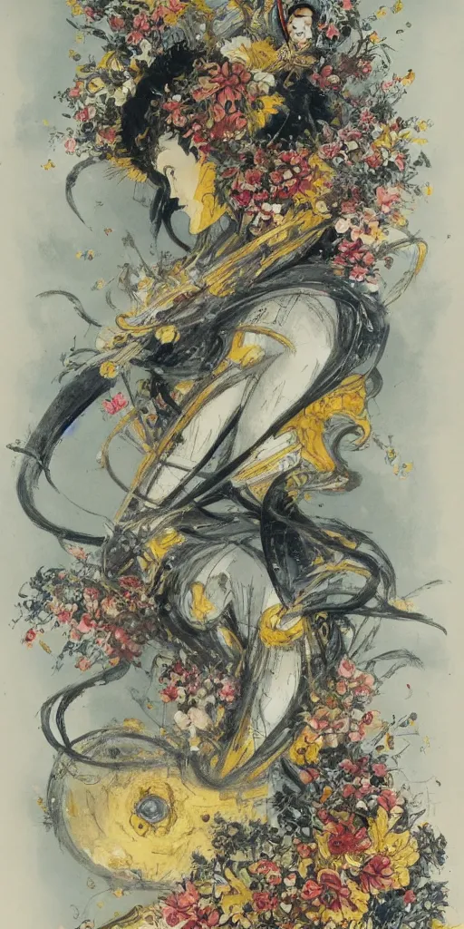 Image similar to Louis Icart, an old elaborate painting of an abstract robot tornado made entirely out of flowers, highly detailed, swirling, flowing, dancing, dreaming, bursting with positive energy, happy, creative, masterpiece