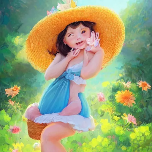 Image similar to A beautiful portrait of an anthropomorphic pig wearing a sunhat and a sundress, cute, adorable, summer, garden, vivid colors , by Stanley Artgerm Lau, WLOP, Rossdraws, James Jean, Andrei Riabovitchev, Marc Simonetti, and Sakimichan, tranding on artstation