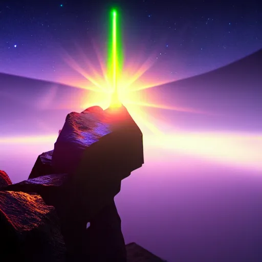 Prompt: sword standing on a glowing rock, distant planet in background, fog, glow, sharp, 4 k, lens flare, highly detailed digital art, trending on artstation