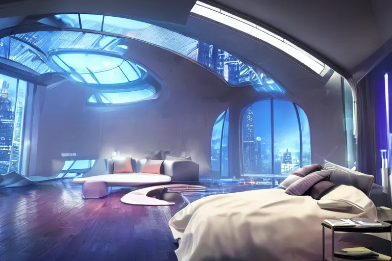 Image similar to a futuristic bedroom with large curved ceiling high windows looking out to a far future cyberpunk cityscape, cyberpunk neon lights, raining, scifi