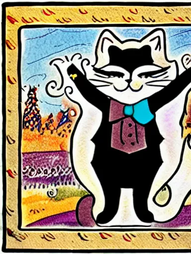 Image similar to a magical trickster gentleman cat who wears boots, folklore illustration