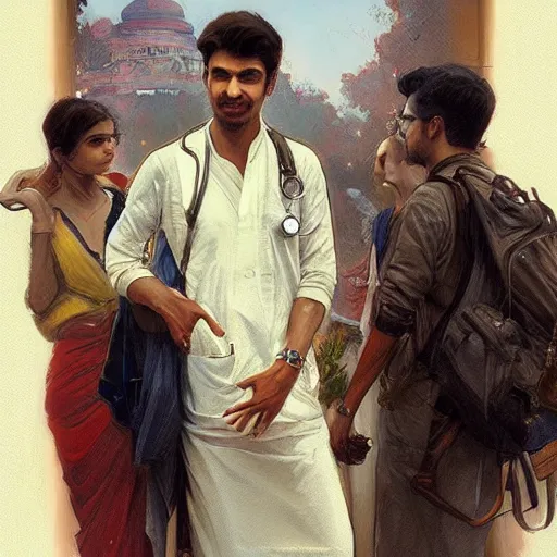 Image similar to Anxious good looking pale young Indian doctors wearing American clothes at the airport, portrait, elegant, intricate, digital painting, artstation, concept art, smooth, sharp focus, illustration, art by artgerm and greg rutkowski and alphonse mucha