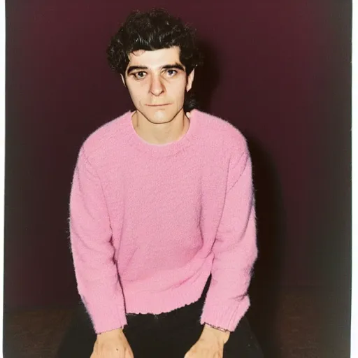 Image similar to old photo of oscar isaak in pink fluffy sweater, 8 0 - s, polaroid photo, by warhol,