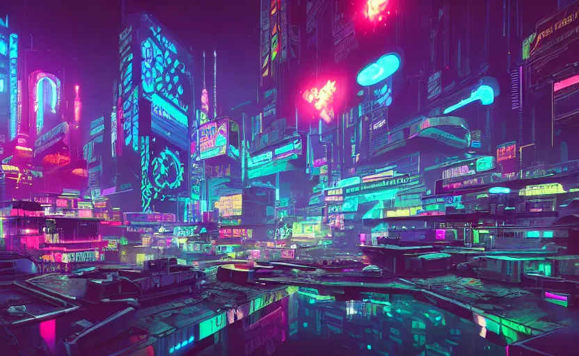 Prompt: Wide angle shot of a cyberpunk city with neon lights and holographic fishes floating in the sky by Petros Afshar and Beeple, James Gilleard, Mark Ryden, Wolfgang Lettl highly detailed