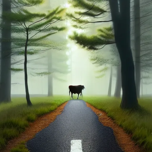 Image similar to cow excrement in the middle of the path, pinewoods, oaks, spring season, 4 k, morning light, concept art, by wlop, ilya kuvshinov, artgerm, krenz cushart, greg rutkowski, pixiv. cinematic dramatic atmosphere, sharp focus, volumetric lighting, cinematic lighting, studio quality