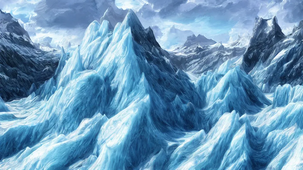 Prompt: digital painting of a majestic glacier, realistic lightning, hyper detailed