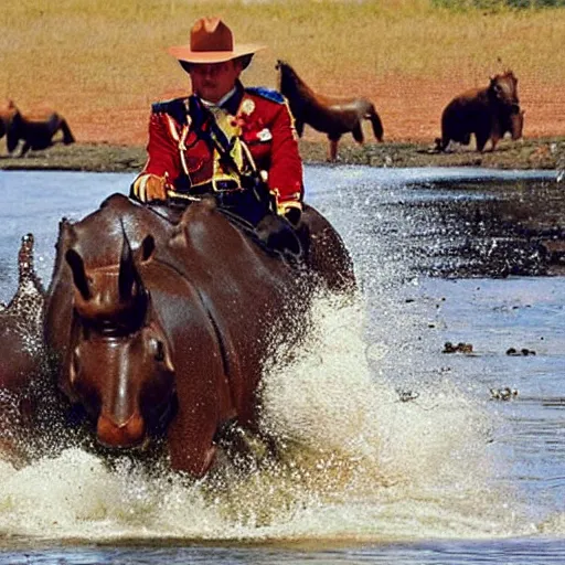 Image similar to a mountie riding on a hippo