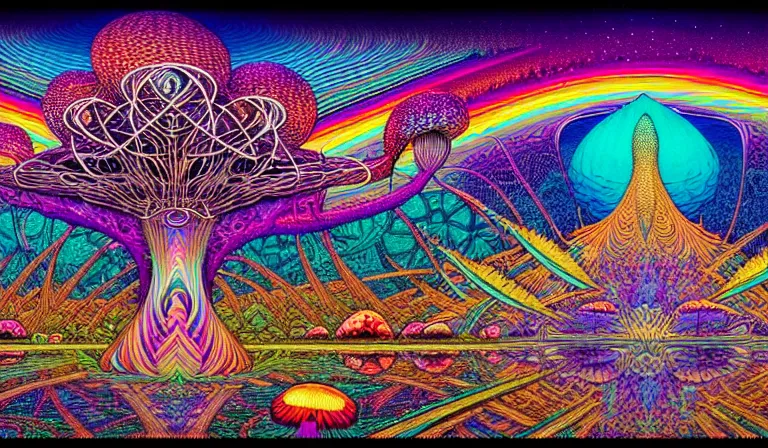 Image similar to an expansive rendering of beautiful and complex interwoven spiritual connection between all beings by dan mumford, by jim fitzpatrick, by joe wilson, by jim burns, by victo ngai, by jacek yerka, surrounded with colorful magic mushrooms and rainbowcolored marihuana leaves, insanely integrate, featured on deviant art, trending on artstation