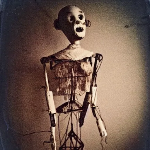 Image similar to female, unnerving, eerie, creepy marionette puppet, horrific, unnerving, clockwork horror, pediophobia, lost photograph, dark, forgotten, final photo found before disaster, polaroid,