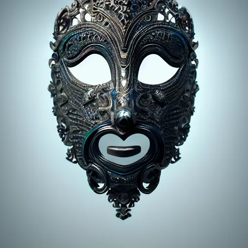 Prompt: an elaborate intricate mask made of water, rendered in octane, behance hd, bokeh obsidian backdrop