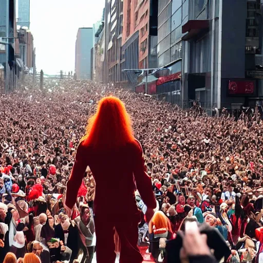 Image similar to a 7 0 foot tall red - haired man walking among the crowd