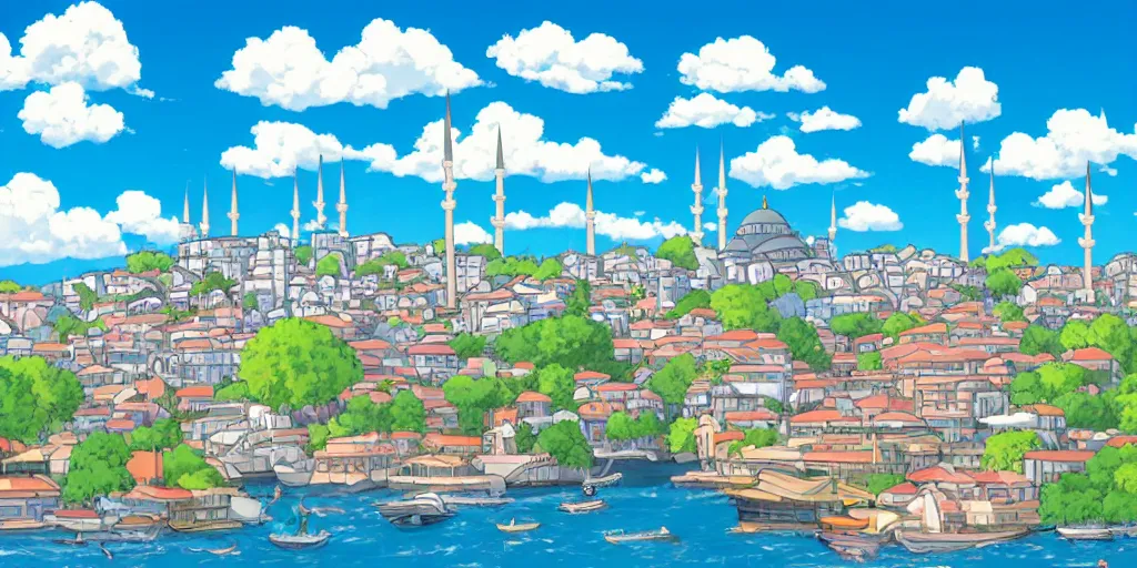 Prompt: istanbul, studio ghibli, azure sky, puffy clouds, anime background