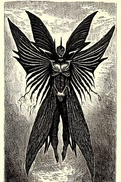 Prompt: mothman, as a demon from the dictionarre infernal, pen - and - ink illustration, etching by louis le breton, 1 8 6 9, 1 2 0 0 dpi scan, ultrasharp detail, hq scan, intricate details, stylized border