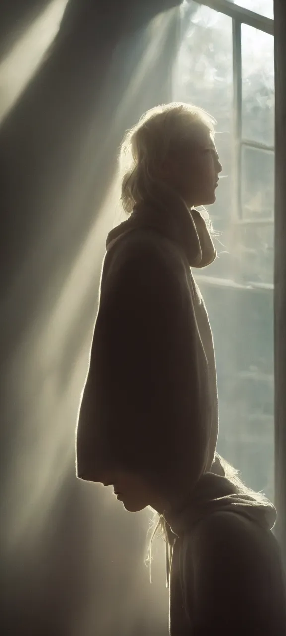 Image similar to very very beautiful photograph of emily skinner looking like annie leonhart in a hoodie standing next to a window god rays shining on her from the sunlight, volumetric fog, smoke, depth of field, beautiful composition, very very very beautifull!! face, on artstation and instagram