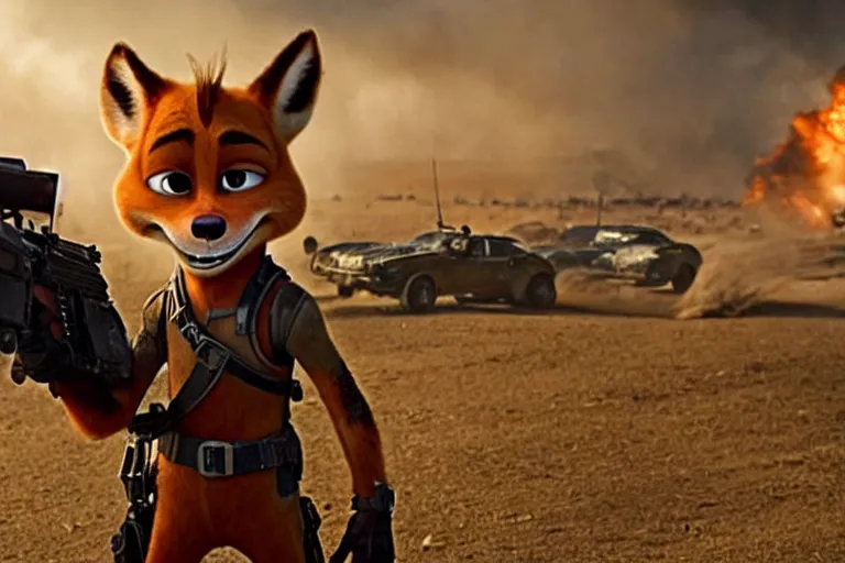 Image similar to nick wilde, heavily armed and armored facing down armageddon in a dark and gritty reboot from the makers of mad max : fury road : witness me