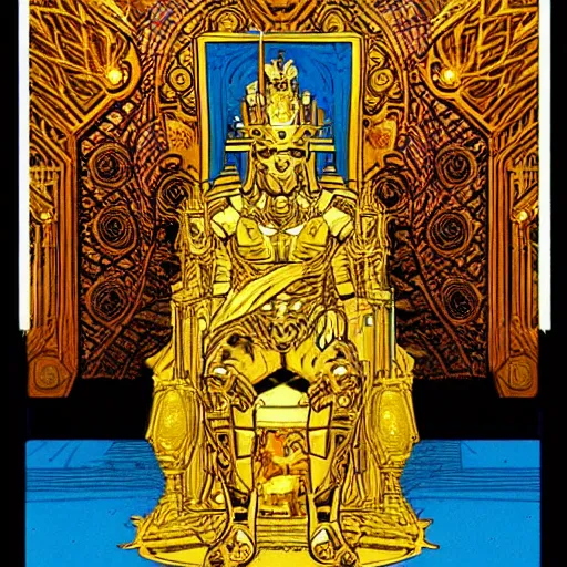 Prompt: a portrait o a god with a golden armor seated in a throne, moebius style