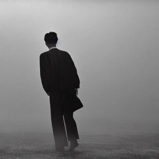 Prompt: a man in the fog and a giant starfish monster emerging above, 1950s Korean film noir in the style of Orson Welles and Ishiro Honda