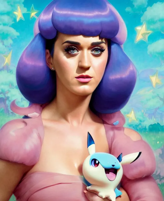 Image similar to katy perry as a character in pokemon, mottled coloring, adorable, childlike, pastoral environment, ultra realistic, concept art, art nouveau, photorealistic, octane render, 8 k, unreal engine. art by christopher marley and artgerm and greg rutkowski and alphonse mucha