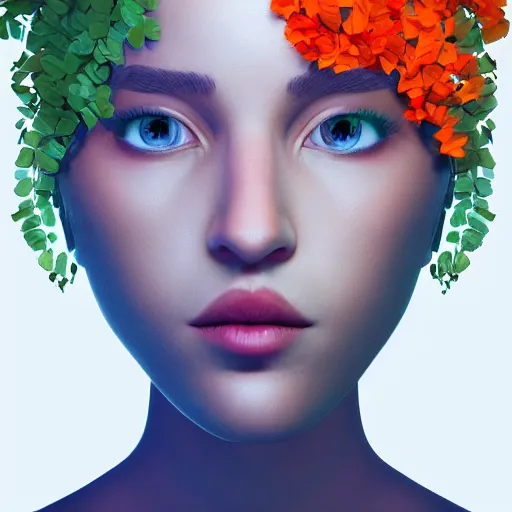 Image similar to face portrait of a woman, polygon art, plants on head, inspired by lois van baarle, cinematic, 8 k