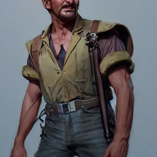 Image similar to a highly detailed epic cinematic concept art CG render digital painting artwork costume design: Errol Flynn as a 1950s sly army mechanic engineer with a thick stubble. By Greg Rutkowski, Ilya Kuvshinov, WLOP, Stanley Artgerm Lau, Ruan Jia and Fenghua Zhong, trending on ArtStation, subtle muted cinematic colors, made in Maya, Blender and Photoshop, octane render, excellent composition, cinematic atmosphere, dynamic dramatic cinematic lighting, aesthetic, very inspirational, arthouse