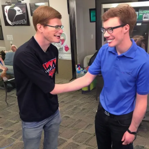 Prompt: scott the woz shakes hands with gigachad