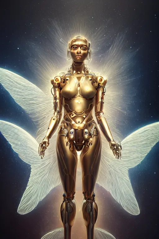 Image similar to a beautiful ultradetailed fine art photo of a cybernetic cyborg angel set against galactic space, by tom bagshaw and zach sutton, portrait, soft backlighting, cybernetic implants on the face, 5 0 mm lens, golden ratio composition, detailed faces, studio lighting, very detailed, mechanical robot neon wings, artstation, 8 k, highly coherent