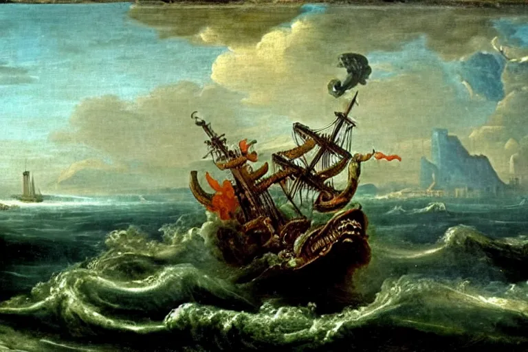 Image similar to A Kraken attacks a ship, Claude Lorrain (1648), oil on canvas, detailed brushstrokes