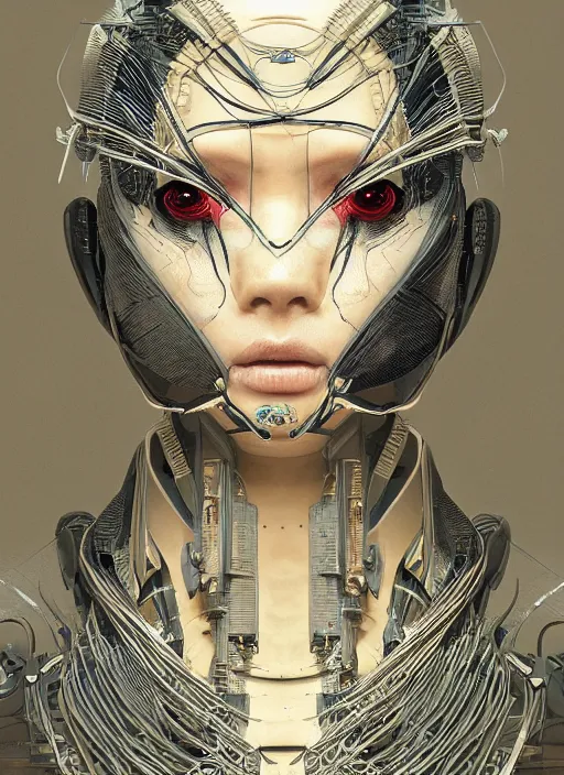 Prompt: portrait of a futuristic geisha cyborg, in the style of ghost in the shell, kintsugi, modern fine art, fractal, intricate, elegant, highly detailed, digital photography, richard avedon and greg rutkowski,