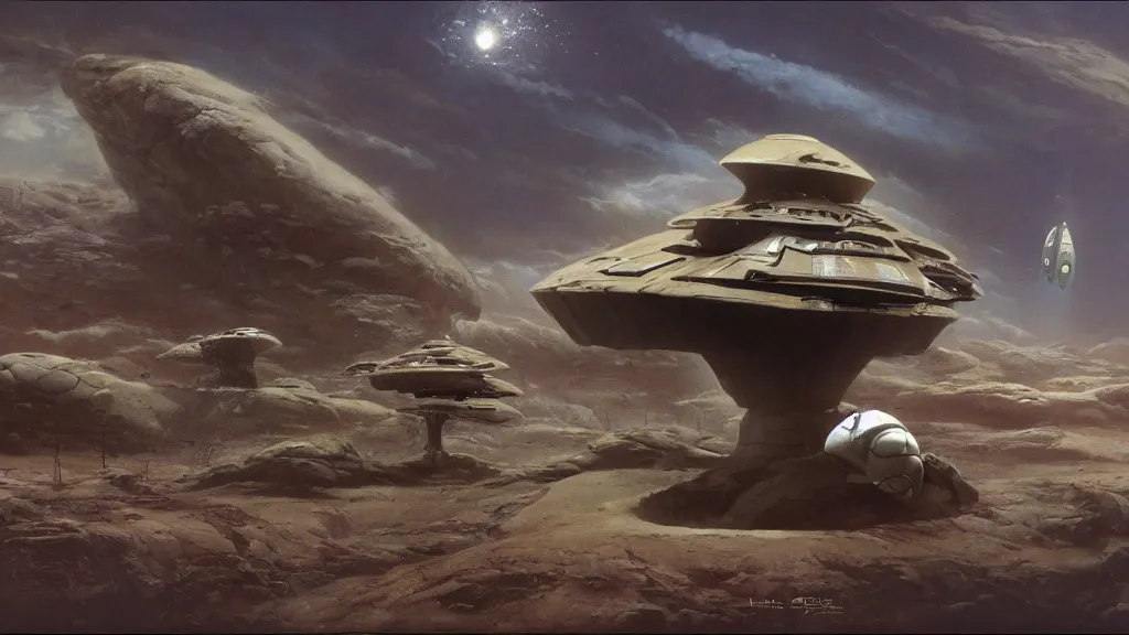 Image similar to small organic dropship lander by john schoenherr and jim burns, epic cinematic matte painting