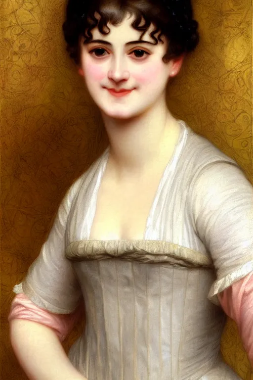 Image similar to jane austen, smile, ahaha, painting by rossetti bouguereau, detailed art, artstation