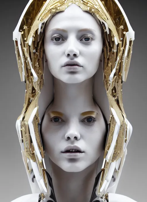 Prompt: a statue made of white marble with gold veins, of an gorgeous futuristic cybernetic angel girl, prostheses, transhumanism, full body shot, perfect symmetrical body, perfect symmetrical face, hyper realistic, hyper detailed, by johannen voss, by peter kemp, by monia merlo, by michelangelo, octane render, blender, 8 k