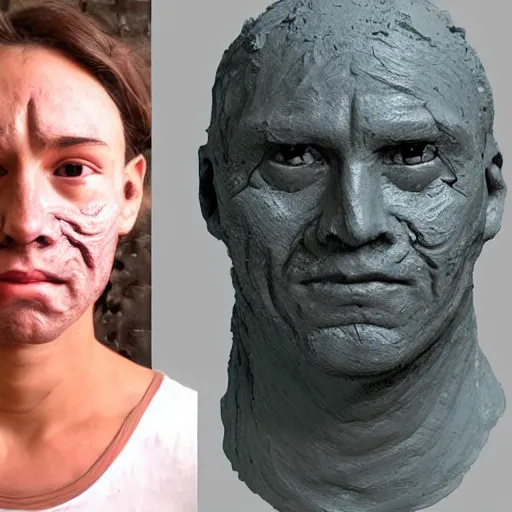 Prompt: sculpting a human face from wet clay