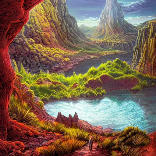 Image similar to fantasy illustration of a lush natural scene on an alien planet by brian millar. detailed. beautiful landscape. colourful weird vegetation. cliffs and water.